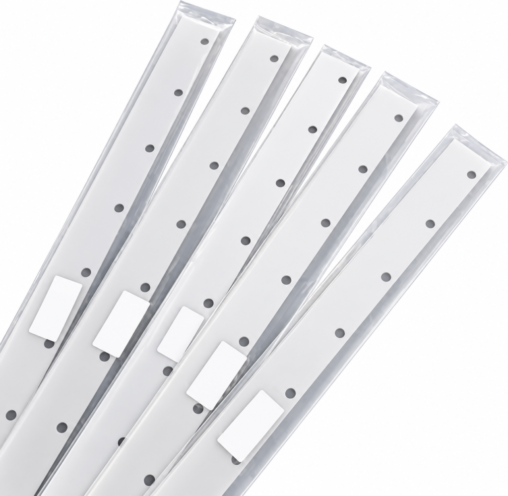 five fanned washup blades in clear sleeves